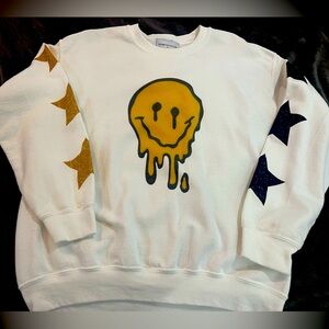 White Smiley Face Sweater with Star Accents